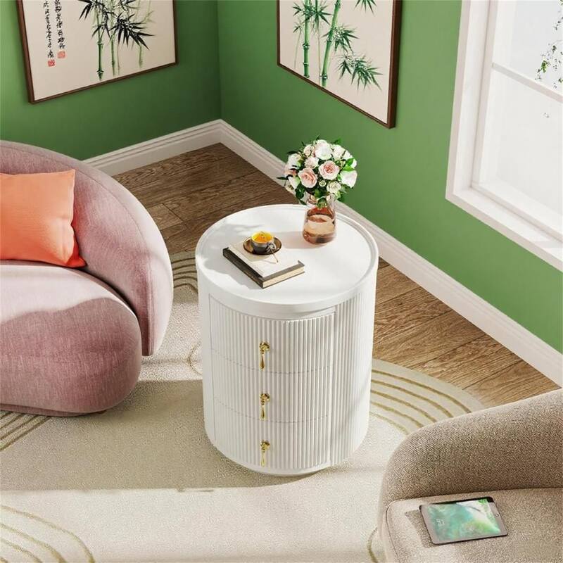 Ready-to-Use Round Nightstand with 3 Drawers