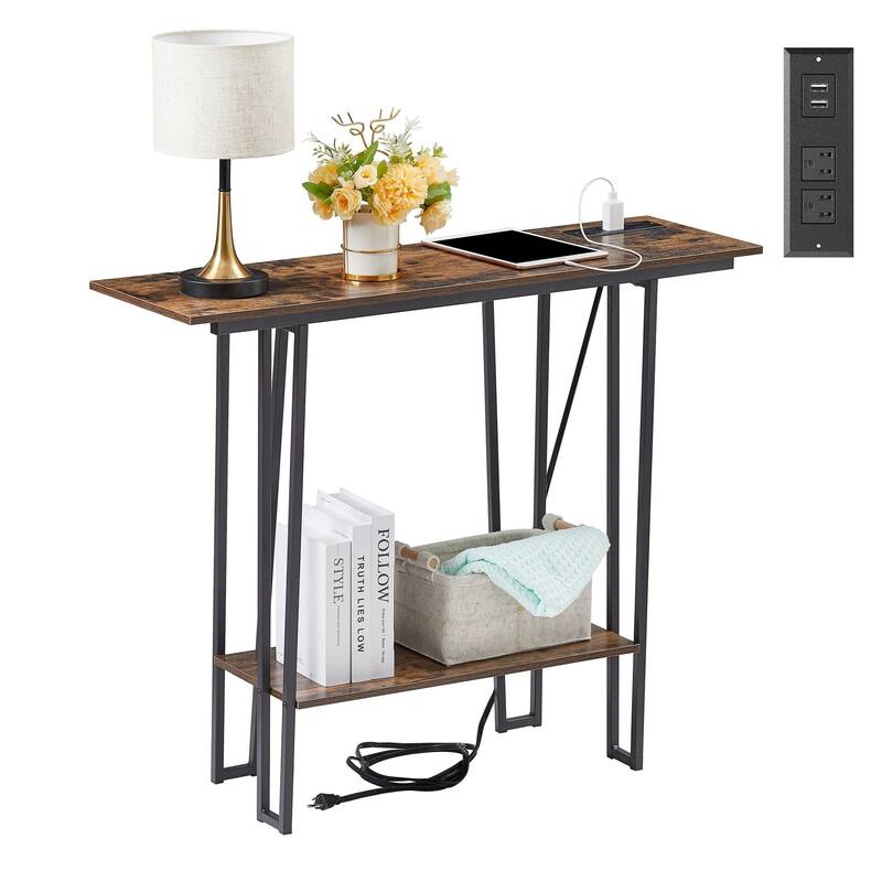 Console Table with Outlets for Entryway, Sofa Table with Wood Shelves, Industrial Entryway Table Foyer Table