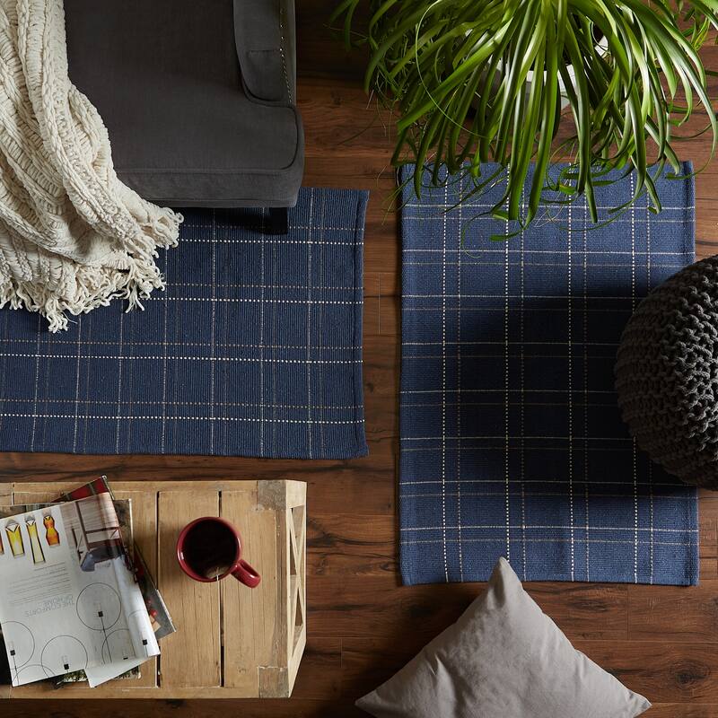 DII French Blue Variegated Plaid Recycled Yarn Rug (Set of 2) - Big