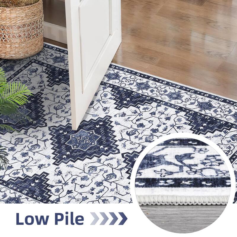 Washable Area Rug Vintage Boho Rug Low Pile Non-Slip Area Rugs Soft Foldable Indoor Carpet