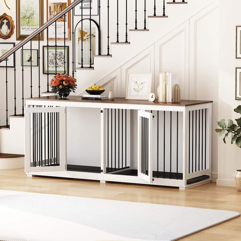 Double door large Dog Cage furniture with Removable Divider Wooden Top