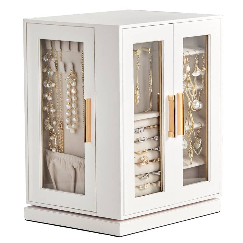FCH Quad View with Storage 5 Drawers Rotatable White Cabinet Pink Velvet Jewelry Case