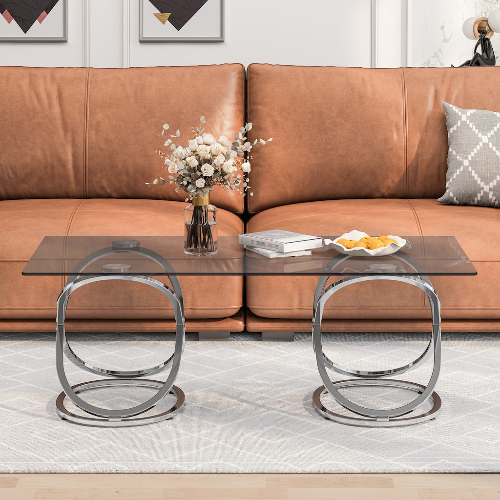 31.50" Modern Rectangle Glass Coffee Table with Ring-Shaped Frames