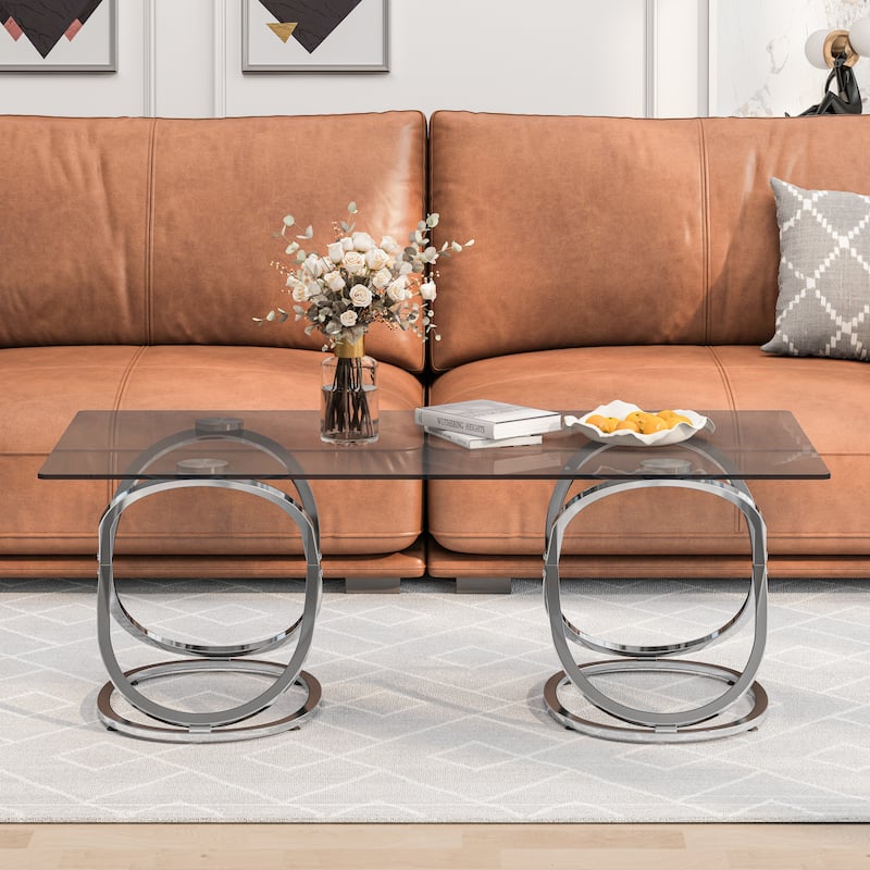 31.50"Modern Rectangle Glass Coffee Table with Ring-Shaped Frames, Chrome Finish and Gray Tempered Glass - Silver