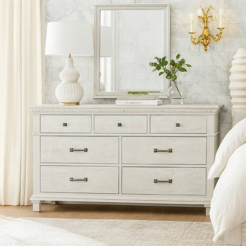 Leyne Wide Dresser, 7 Drawers, Farmhouse Weathered Gray Solid Wood