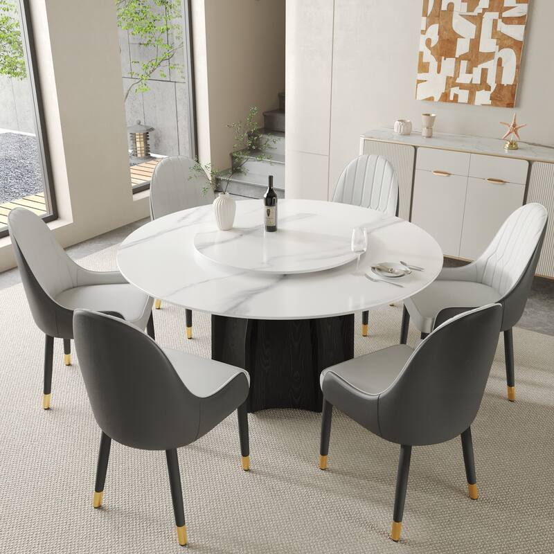 59.05'' Modern Round Sintered Stone Table Top Black Wood Pedestal with Lazy Susan - white top&black pedestal & white lady susan 