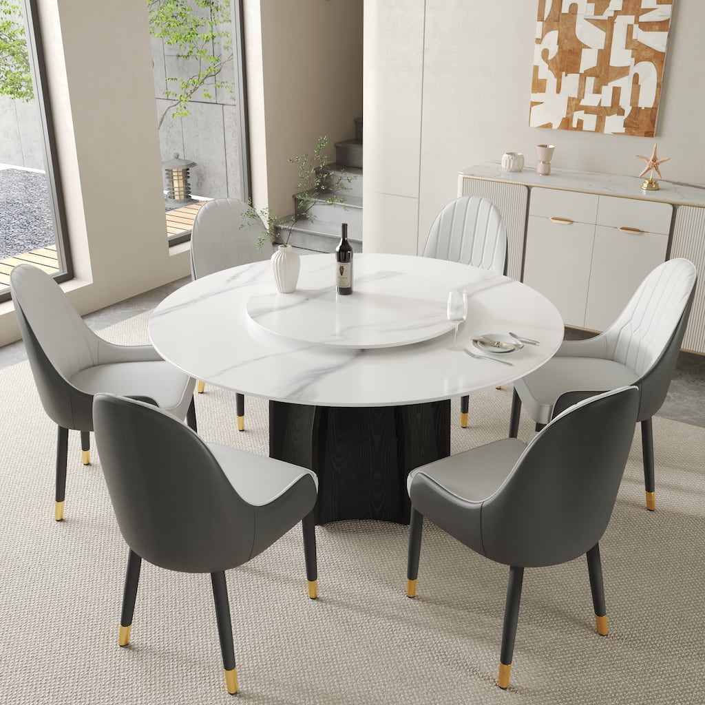 59.05'' Modern Round Sintered Stone Table Top Black Wood Pedestal with Lazy Susan
