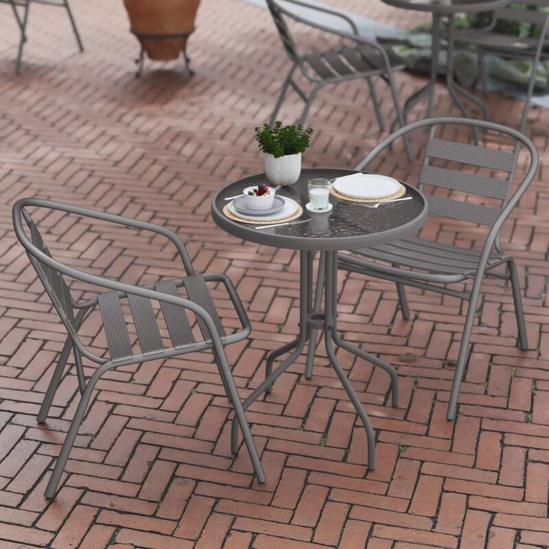 23.75" Round Glass Metal Table with 2 Metal Aluminum Slat Stack Chairs
