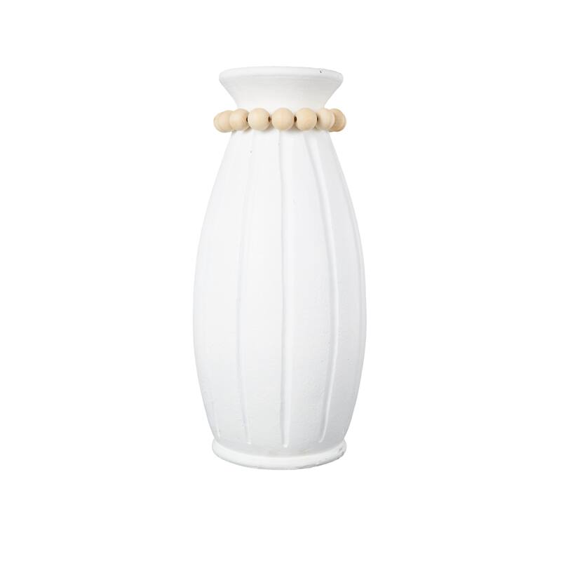 White Magnesium Oxide Decorative Vase with Light Brown Beads and Carved Grooves