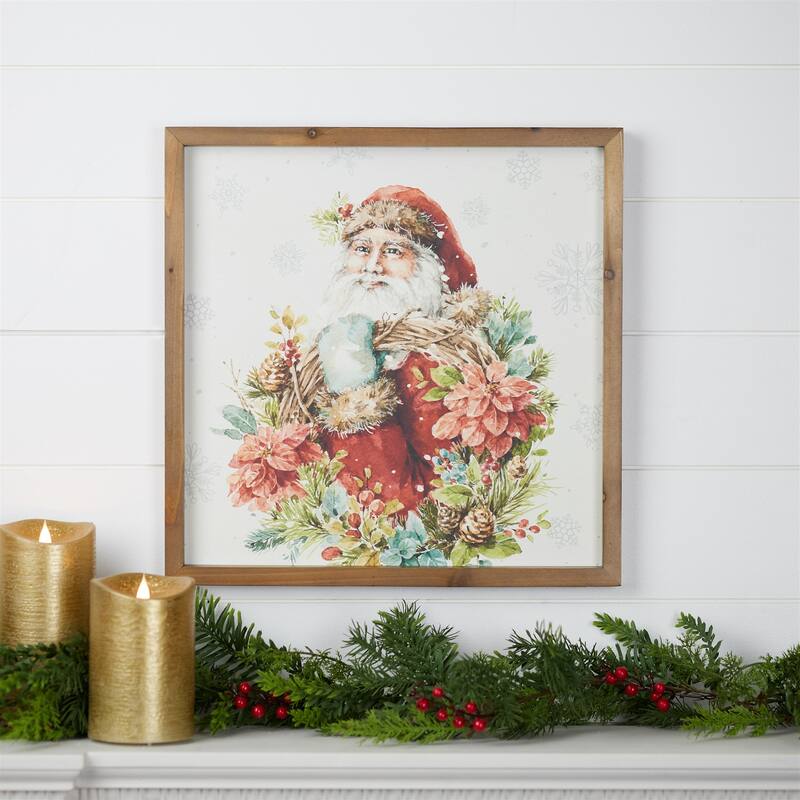 16" Square Rustic Framed Santa Print with Seasonal Florals and Snowflake Background for Christmas Decor - 16”L x 1”W x 16”H