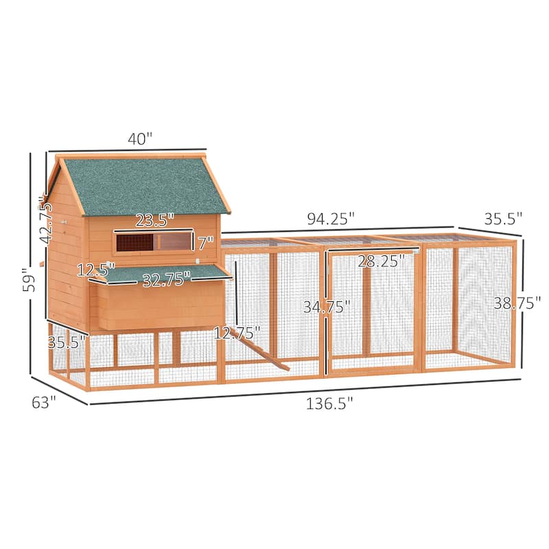 Orange Wooden Outdoor Chicken Coop with Elevated House and Nesting Boxes Ramp and Attached Run