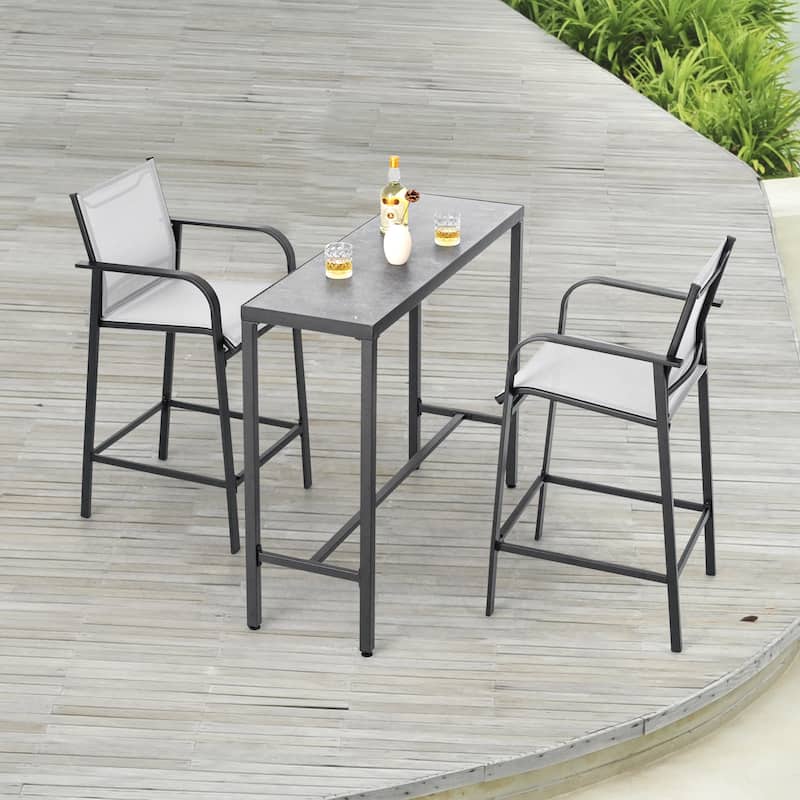 Outdoor Iron Bar Table with 3D-Print Tempered Glass Tabletop, Gray