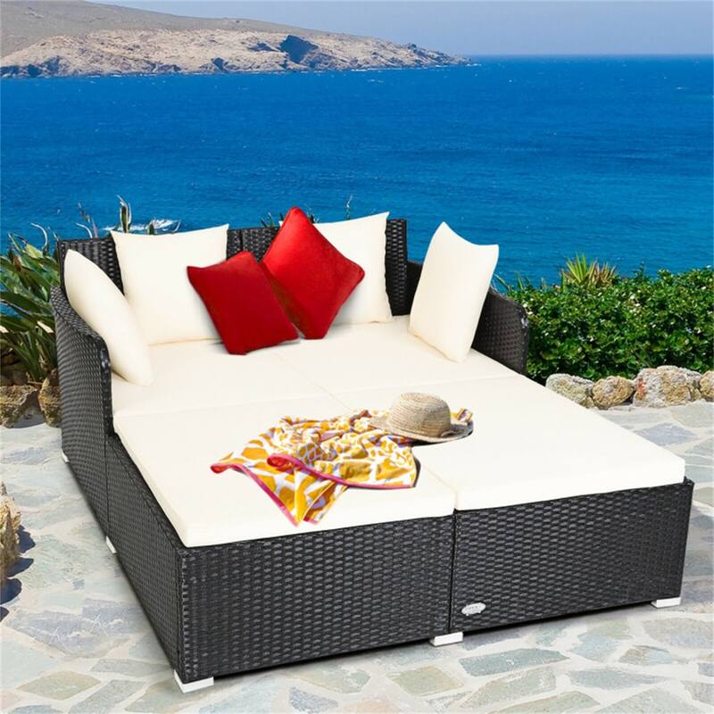 Outdoor Rattan Daybed with Cushions for Patio or Backyard - 61" x 52" x 27.5" - White