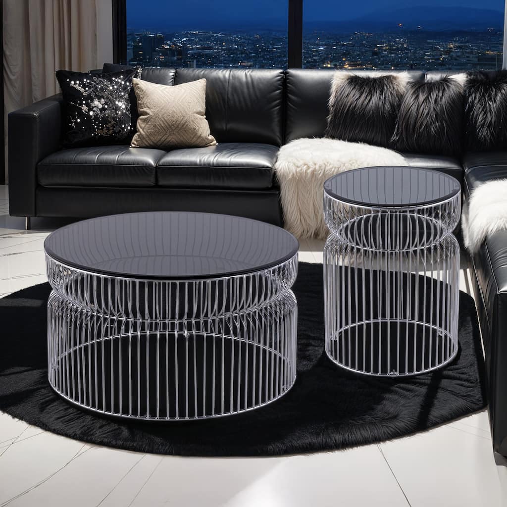 Modern Contemporary Metal Nested Base And Tinted Tempered Glass Top Material Round Coffee Table