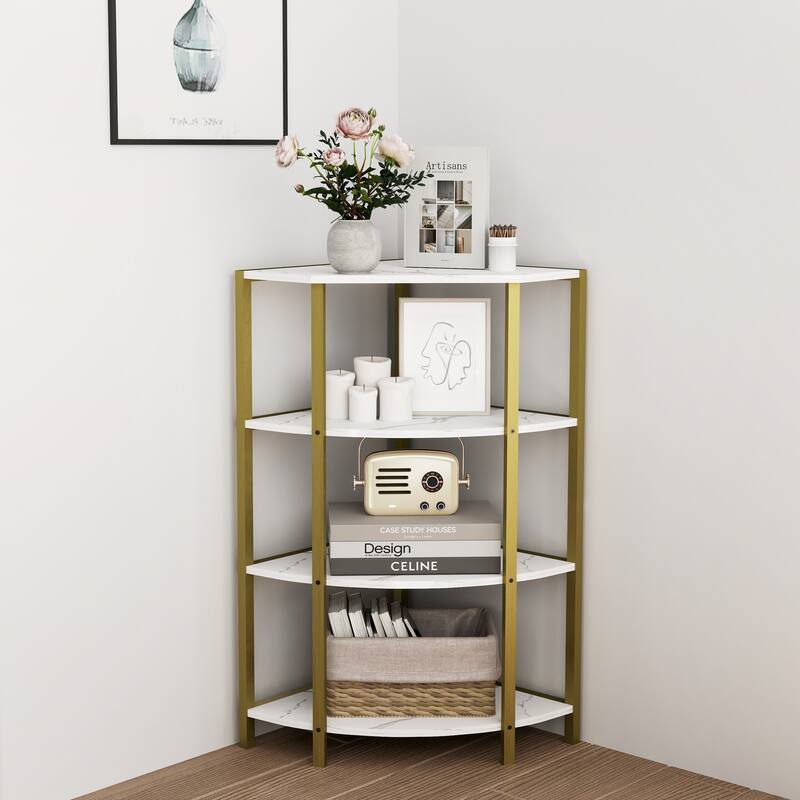 4-Tier Corner Open Shelf,Bookcase Freestanding Shelving Unit,Plant Stand Small Bookshelf for Living Room - White+Gold