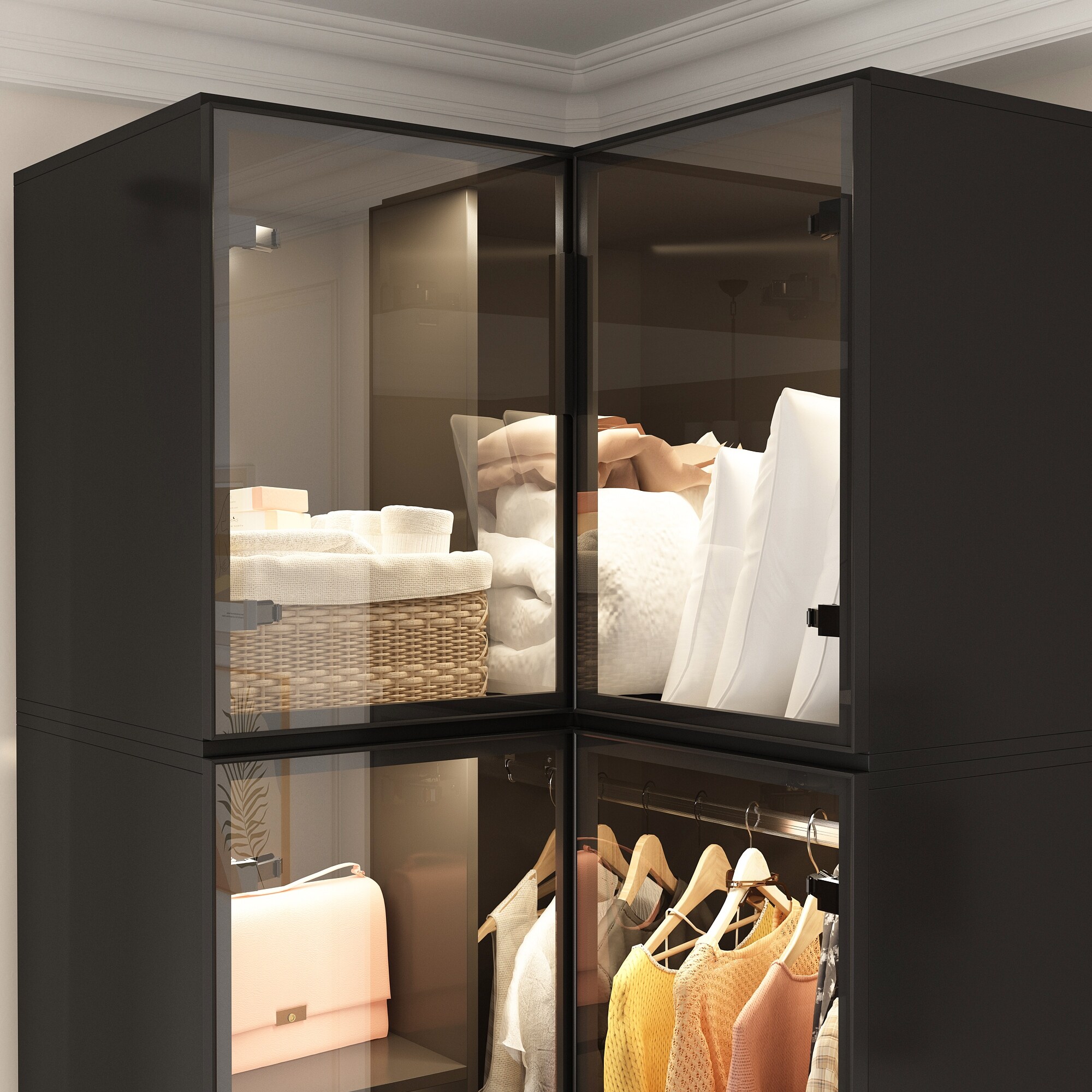 Aluminum Corner Wardrobe Glass Doors & Tri-Color LED