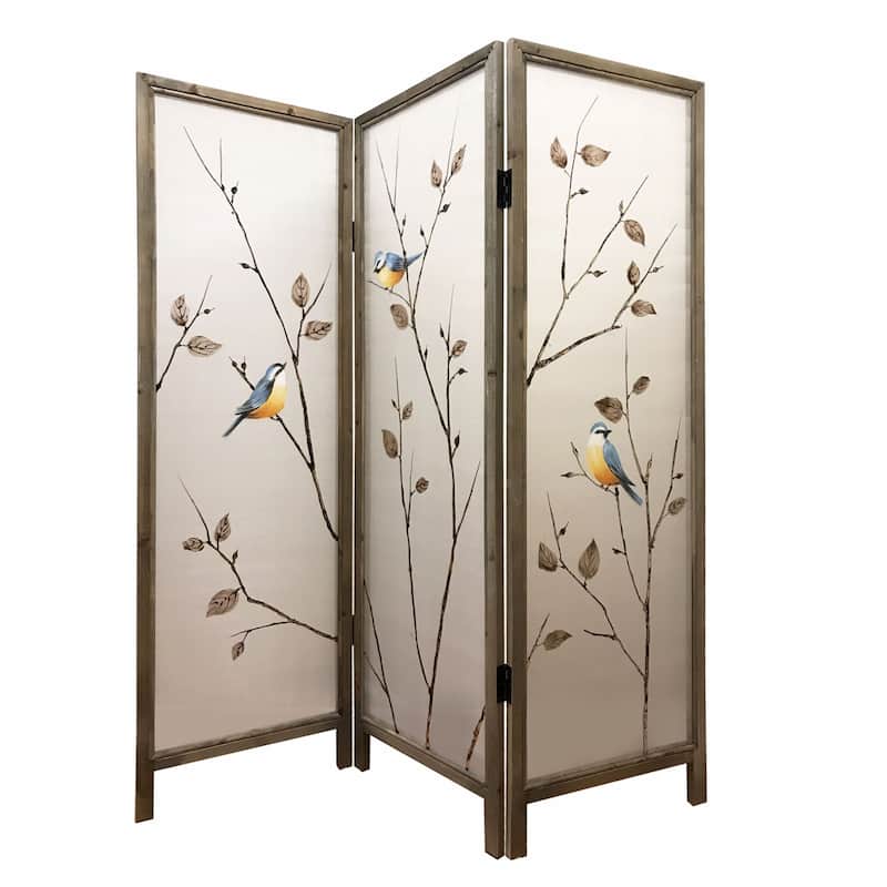 HomeRoots 63" Brown Fabric and Wood Folding Three Panel Screen Room Divider - 60' X '63' X '1