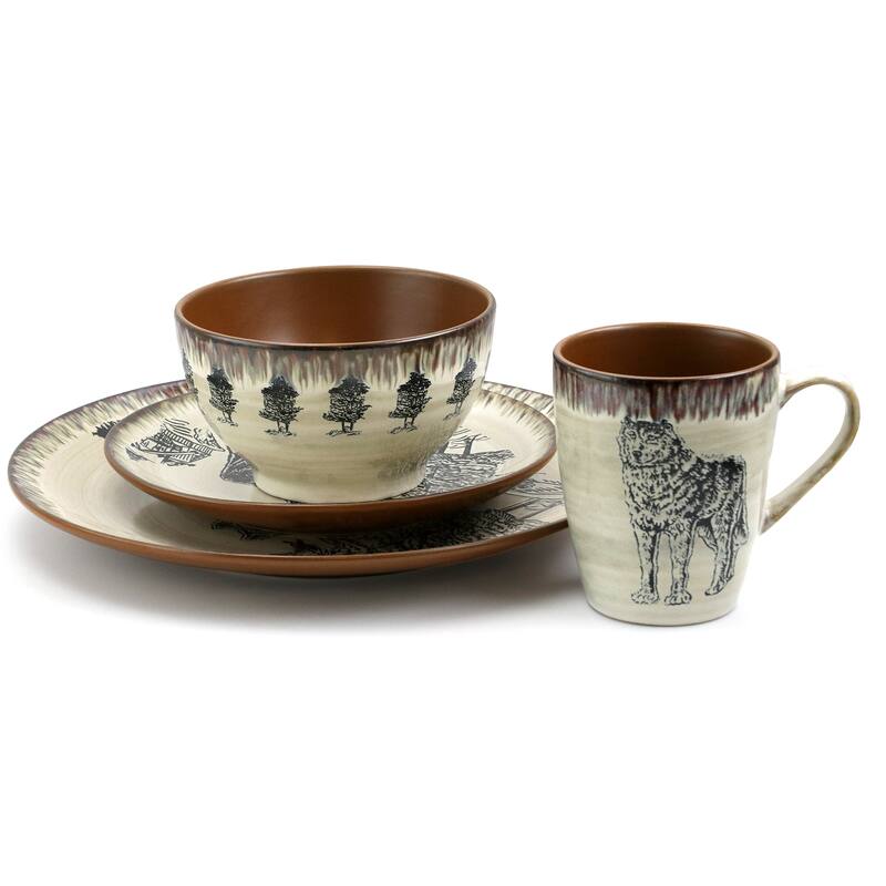 Elama Winter Wolf 16 Piece Round Stoneware Dinnerware Set in Taupe
