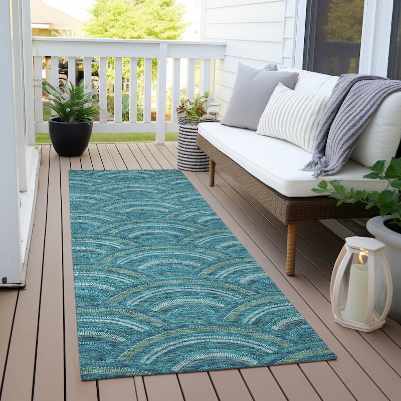 Machine Washable Indoor/ Outdoor Modern Mosaic Chantille Rug - Teal - 2'3" x 7'6"