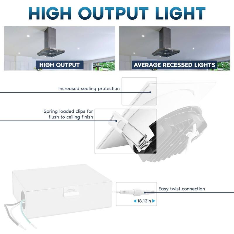 Luxrite 4" Square LED Recessed Ceiling Light J-Box 15W 5 Color Selectable 1300LM Dimmable Wet Rated ETL 6 Pack - 6 Pack