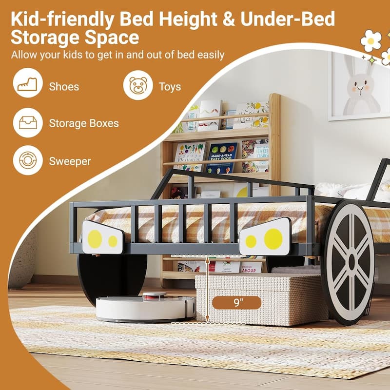 Twin Metal Bed Frames Toddler Race Car-Shaped Bed Platform w/Wheels