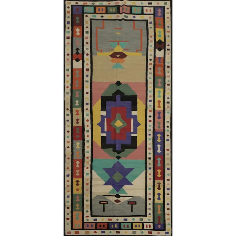 Hand Woven Oriental 100% Wool Carpet Southwestern Tribal Multi-Colored Kilim Area Rug - 14' 6'' X 6' 2''