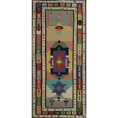 Hand Woven Oriental 100% Wool Carpet Southwestern Tribal Multi-Colored Kilim Area Rug - 14' 6'' X 6' 2''
