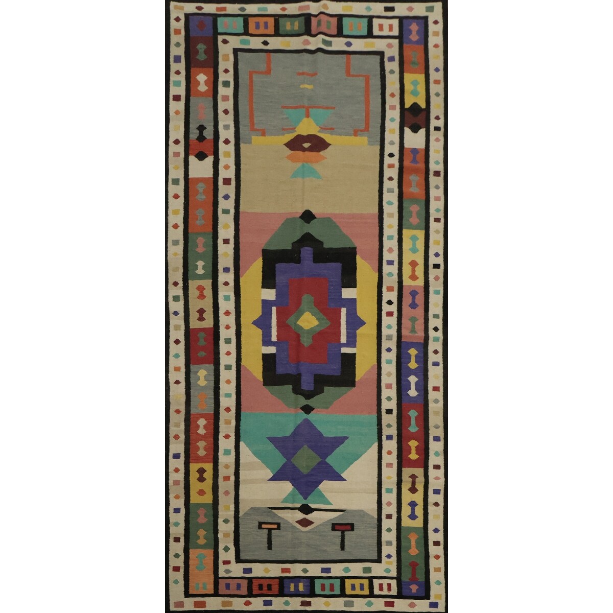 Hand Woven Oriental 100% Wool Carpet Southwestern Tribal Multi-Colored Kilim Area Rug - 14' 6'' X 6' 2''