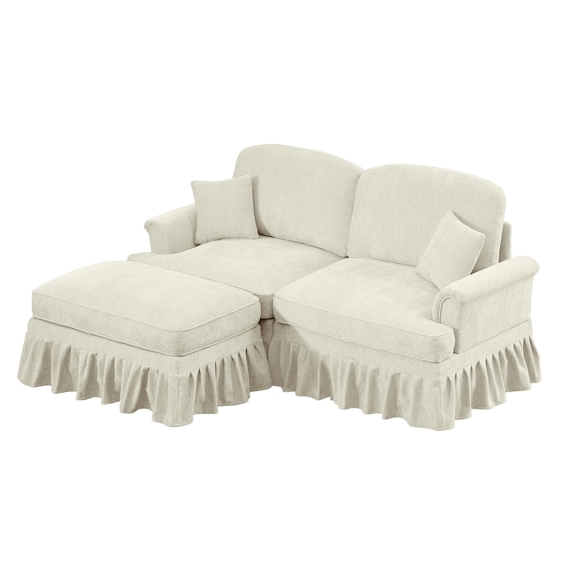 76.4" L Shaped 2-Seat Sectional Sofa, Chenille Couch with Ottoman, Flared Arms Loveseat with Removable Ruffles Pleats Skirts
