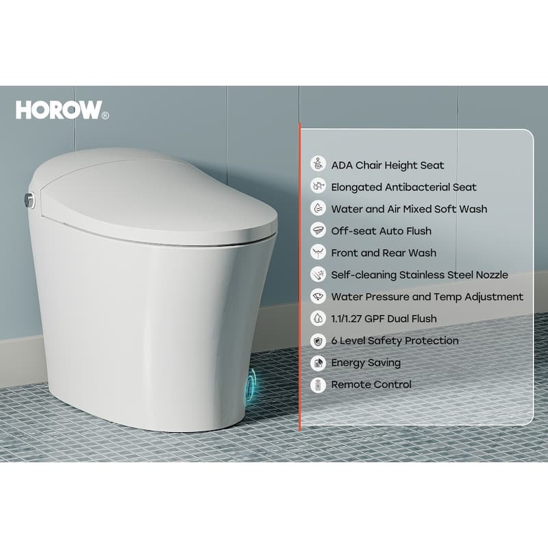 HOROW Tankless Elongated Smart Bidet Toilet with Heated Seat, Warm Water Washing and Remote Control
