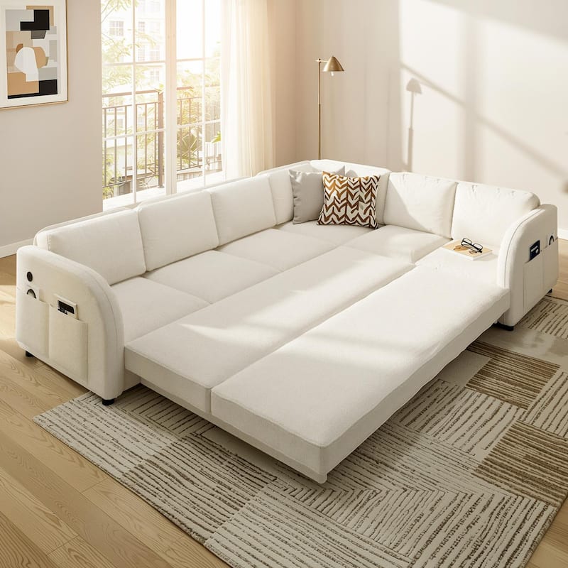 Homy Casa 85"/115" L-Shaped Sectional Sofa Bed USB & Side Pocket, Teddy Fabric Pull-Out Sleeper, Reversible Chaise, Multi Colors