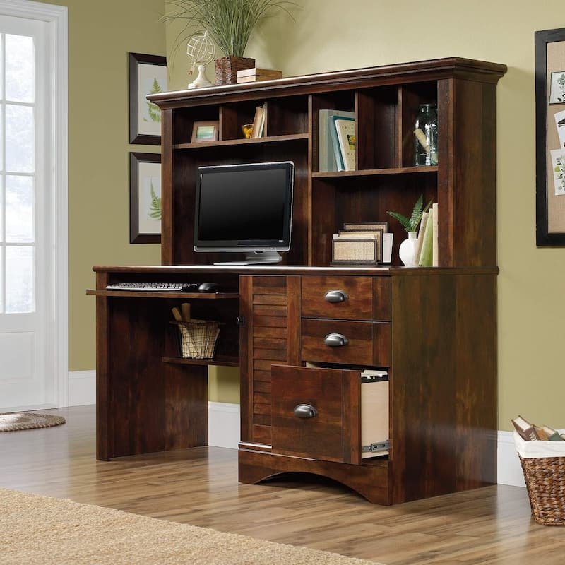 Modern Computer Desk with Hutch - Cherry Finish, Adjustable, 62" Wide, Home Office Desk