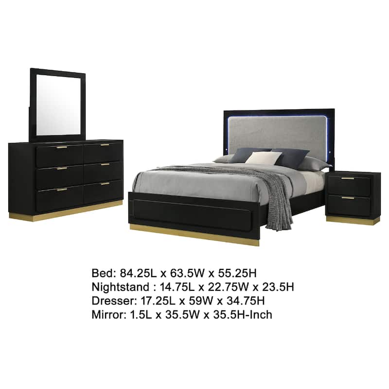 Caer 4pc Queen Bedroom Set in Black, Gold Accents, Gray Upholstery