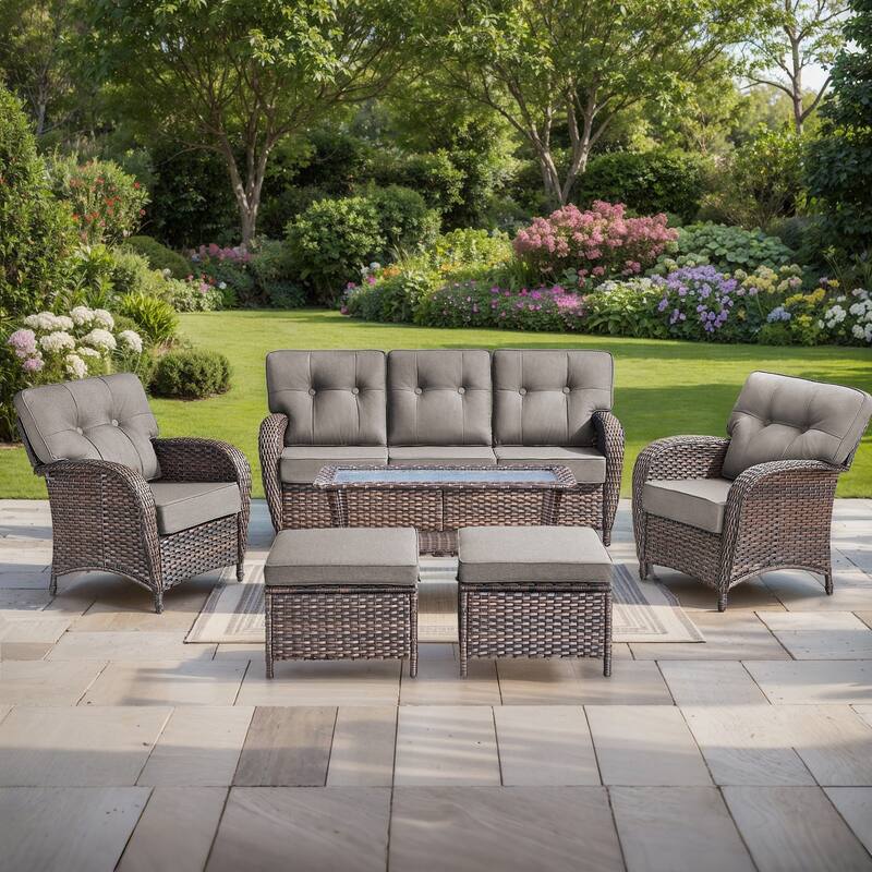 Pocassy 6 Piece Ooutdoor Sofa with Patio Chair Ottoman Table - Brown Wicker & Gray cushion