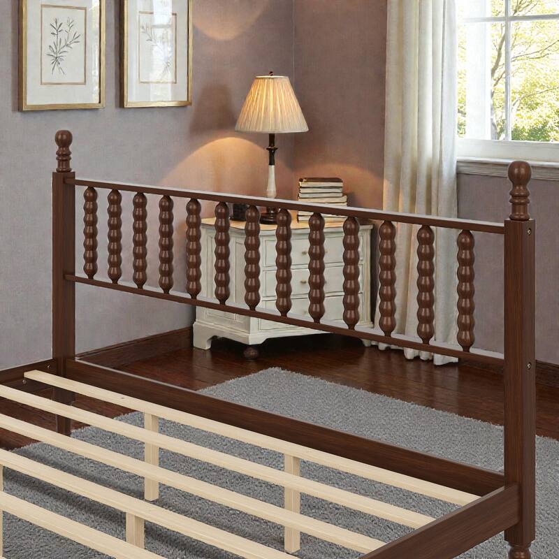 Retro Wood Platform Bed with Gourd Shaped Headboard, Wooden Slat Support, No Box Spring Needed