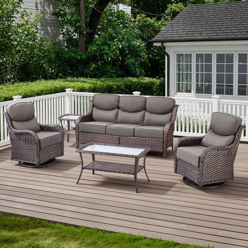 Meyreso 7-Piece Wicker Patio Conversation Set with Swivel Gliders and 6-Inch Thick Cushions