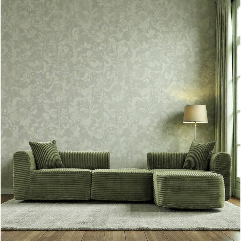 114" Cloud Sectional Couch with L Shape Chaise, Modular Corduroy Sofa with Movable Ottoman, No Assembly