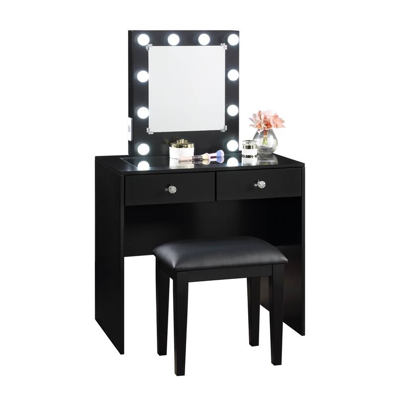 Makeup Vanity and Stool Set with 10 Lights and USB Port and Power Outlet