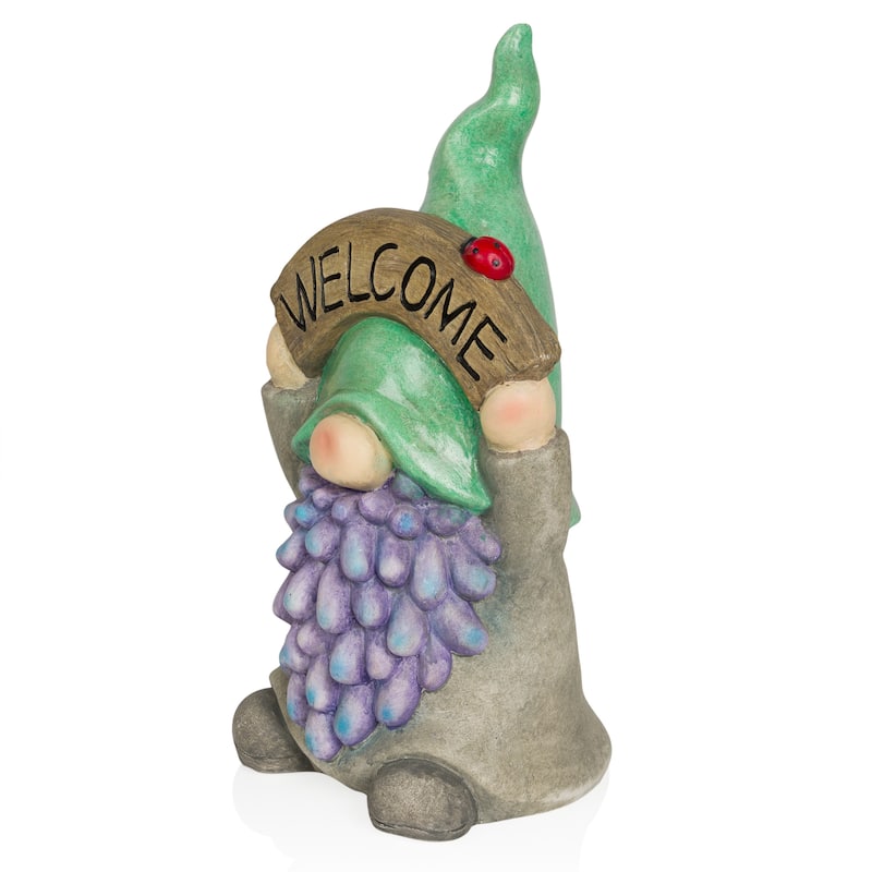 Gnome with Green Hat Holding Up "Welcome" Sign