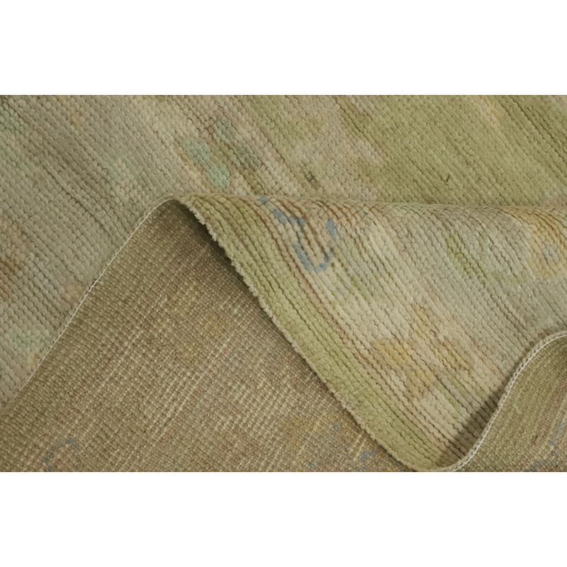 Vegetable Dye Green Oushak Turkish Area Rug, Floral Geometric Carpet - 11' 9'' X 9' 1''