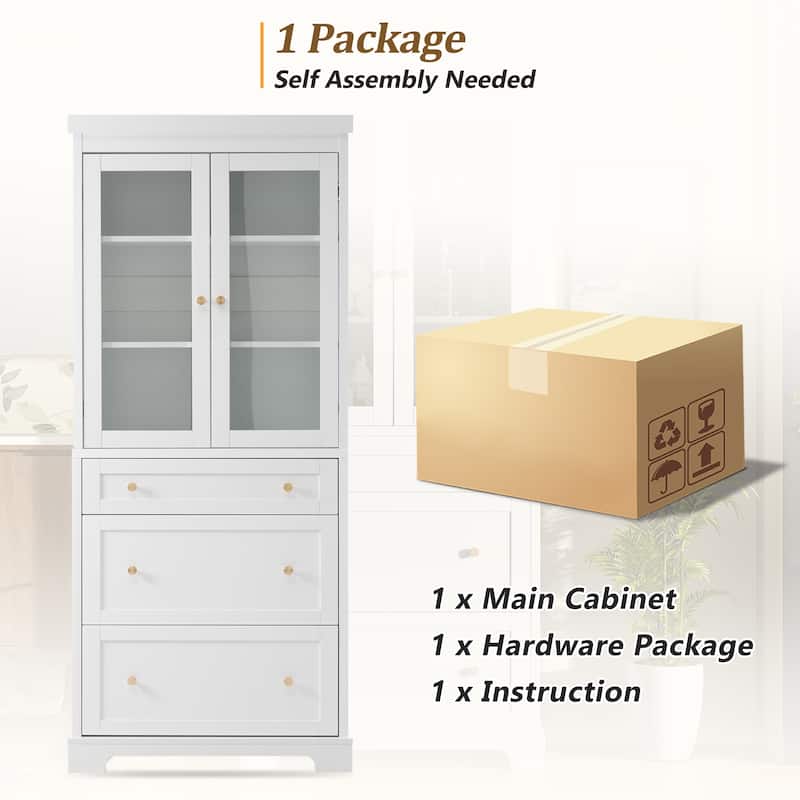 70.1-Inch Modern Freestanding Tall Storage Cabinet with 2 Adjustable Shelves & 3 Soft-Close Drawers – Glass Door Design.
