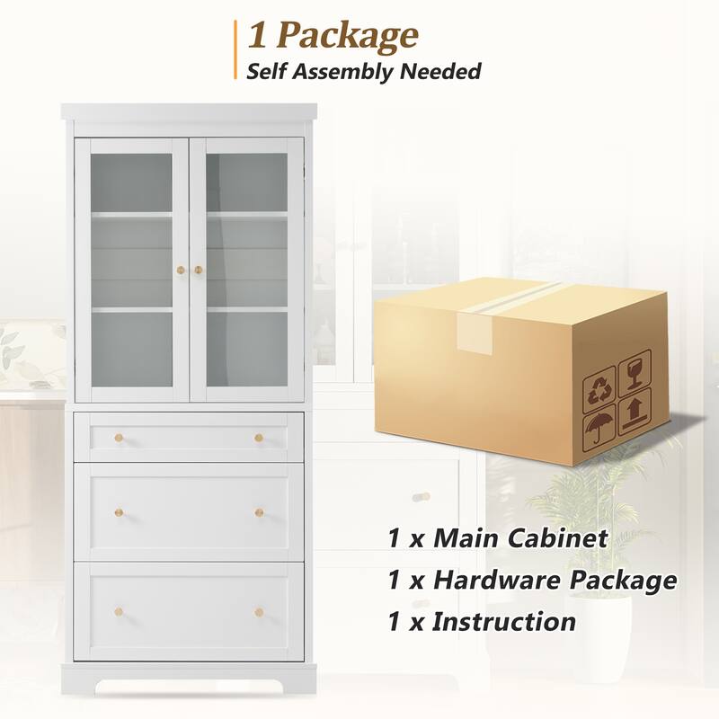 Tall Bathroom Storage Cabinet, Freestanding Cabinet with Glass Doors & Adjustable Shelves, Bathroom Pantry Cabinet with Drawers