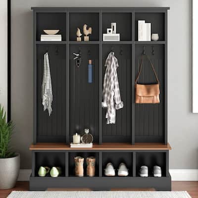 Farmhouse 59 in Hall Tree with 8 Hooks, Bench with Open Cubbies, 76.7 in H Entryway Coat & Shoe Organizer