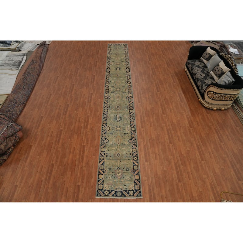 Hand Knotted Oriental 100% Wool Carpet Traditional Floral Navy Blue & Blues Ziegler Runner Rug - 22' 5'' X 3' 0''