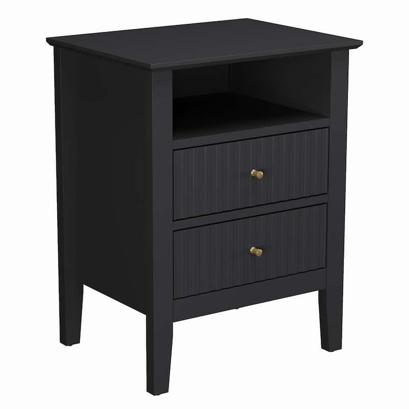 Fluted Nightstand with 2 Drawers and Storage Shelf, Ideal for Bedroom, Living Room, Black - Black