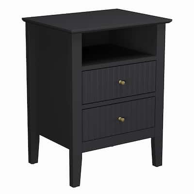 Fluted Nightstand with 2 Drawers and Storage Shelf, Ideal for Bedroom, Living Room, Black