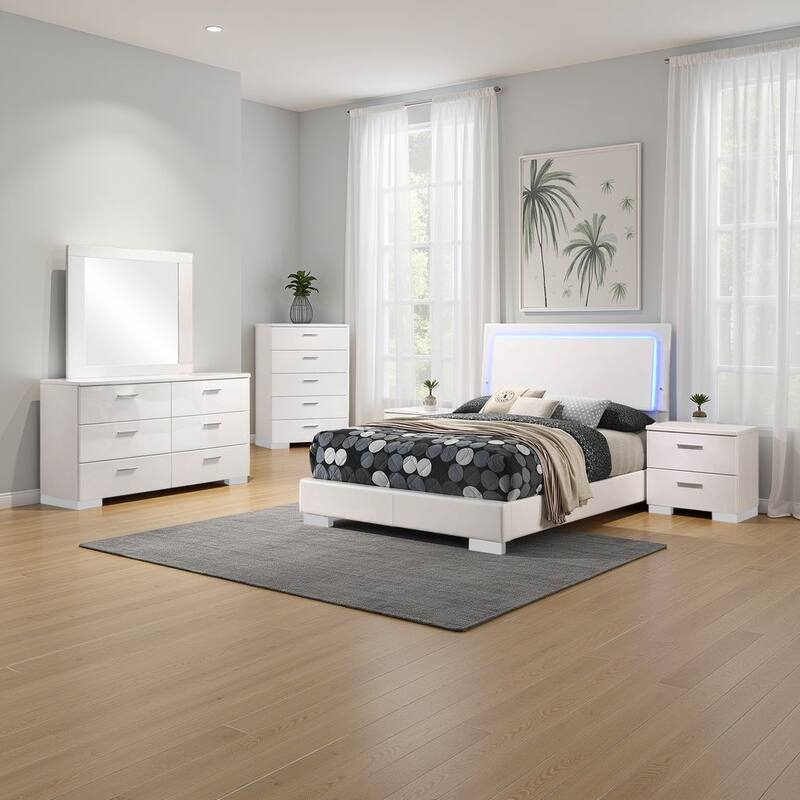 Sok 5pc Full Bedroom Set with Blue LED Lights, White High Gloss Wood