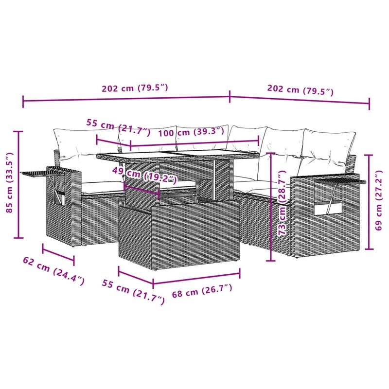vidaXL Patio Sofa Set with Cushions Outdoor Furniture 6 Piece Poly Rattan