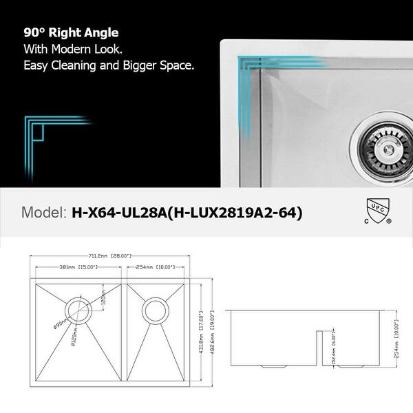 dimension image slide 1 of 4, Low-Divide Undermount Double Bowl Stainless Steel Kitchen Sink