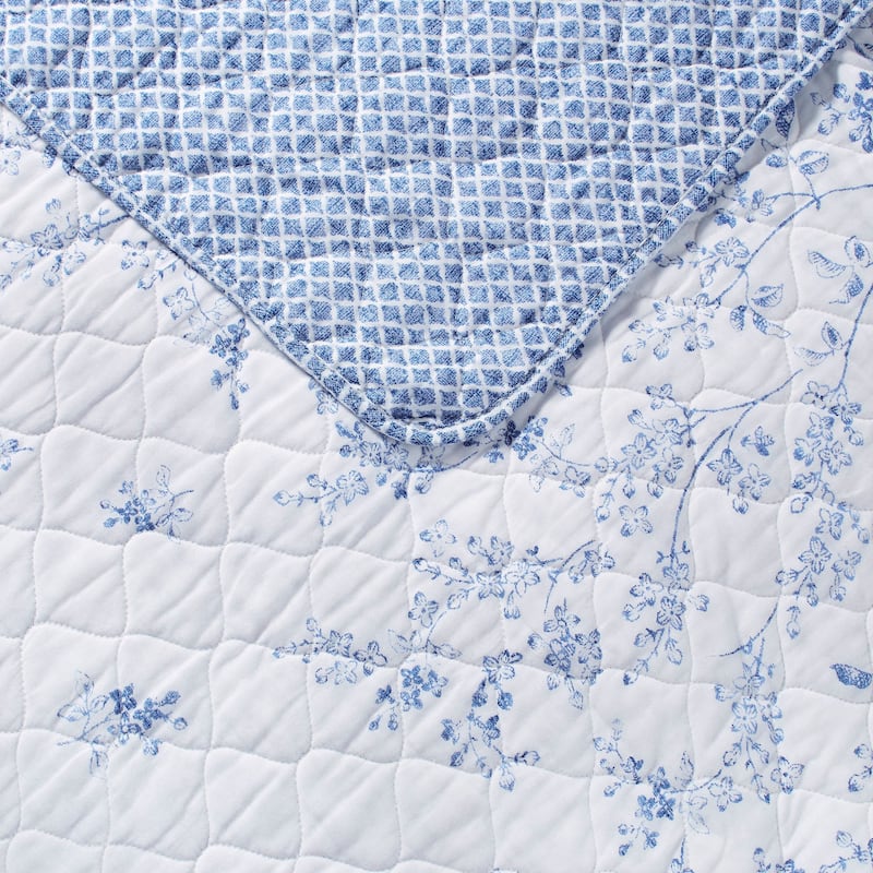 Laura Ashley Flora Cotton Reversible Blue Quilt Set